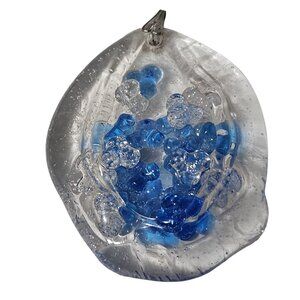 Handcrafted Glass Pendant Blue Clear Beads Statement Art Deco Fashion Jewelry